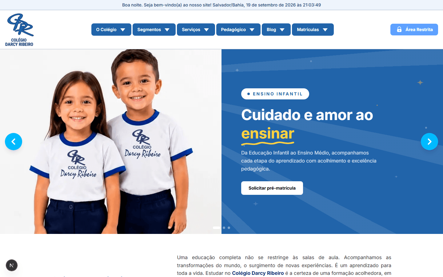 Site de uma escola cliente, gerado pelo sistema